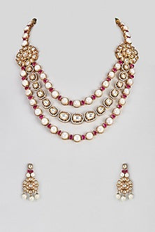 Micro Gold Finish Ruby Synthetic Stone Enameled Necklace Set