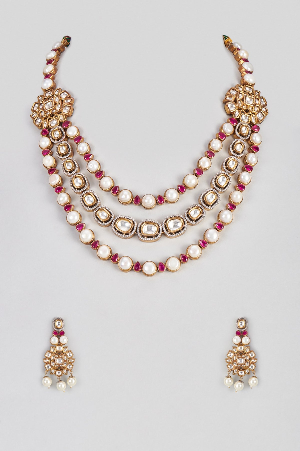 Micro Gold Finish Ruby Synthetic Stone Enameled Necklace Set