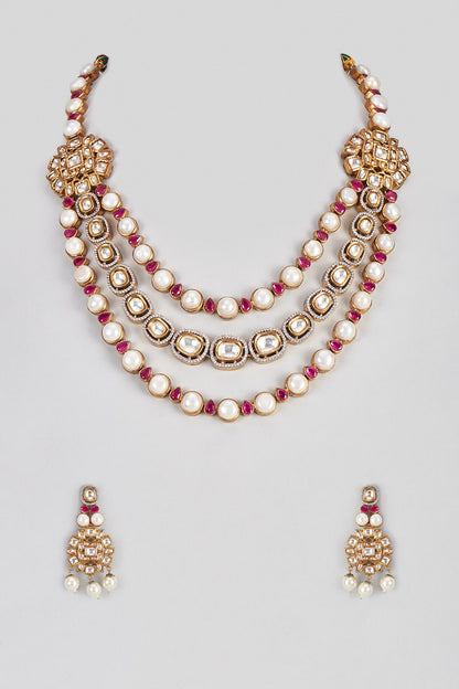 Micro Gold Finish Ruby Synthetic Stone Enameled Necklace Set