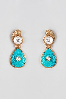 Micro Gold Finish Turquoise Blue Stone Temple Dangler Earrings
