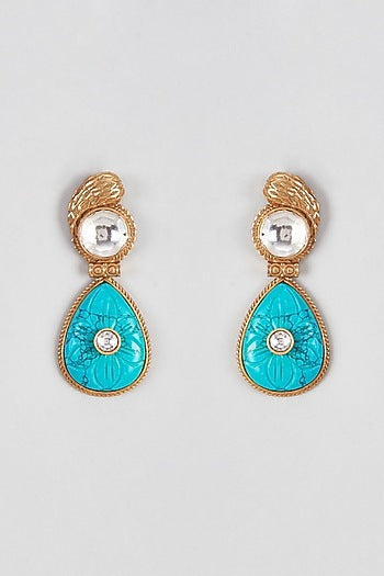 Micro Gold Finish Turquoise Blue Stone Temple Dangler Earrings