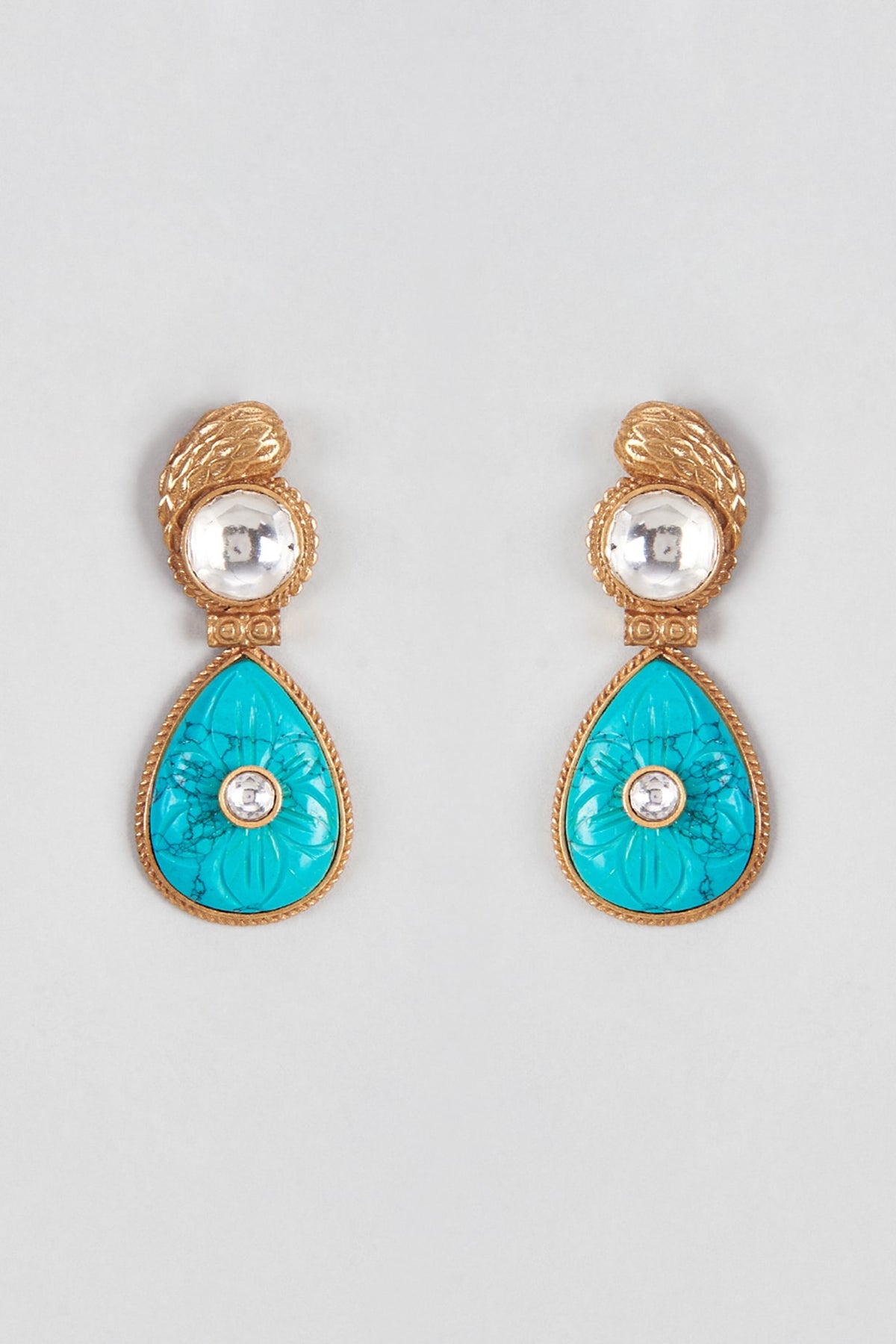 Micro Gold Finish Turquoise Blue Stone Temple Dangler Earrings