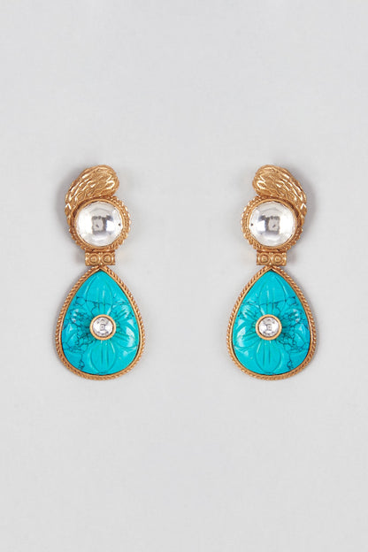Micro Gold Finish Turquoise Blue Stone Temple Dangler Earrings
