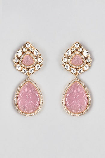 Micro Gold Finish Uncut Polki & Pink Synthetic Stone Dangler Earrings