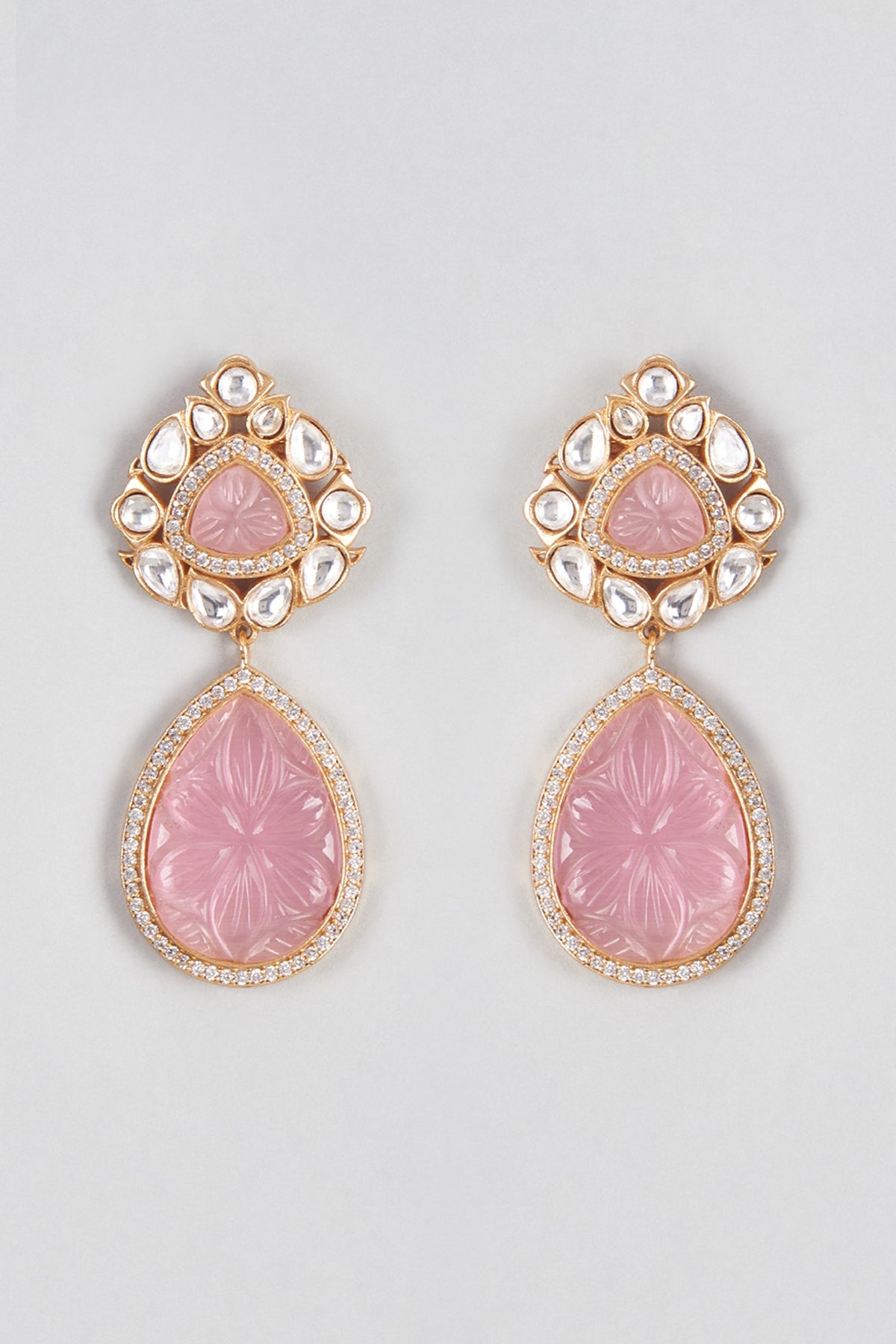 Micro Gold Finish Uncut Polki & Pink Synthetic Stone Dangler Earrings