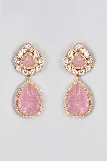 Micro Gold Finish Uncut Polki & Pink Synthetic Stone Dangler Earrings