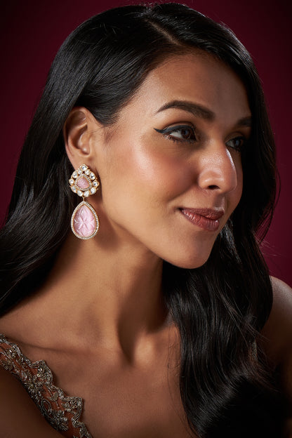 Micro Gold Finish Uncut Polki & Pink Synthetic Stone Dangler Earrings