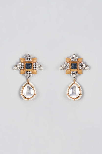 Micro Gold Finish Kundan Polki & Blue Stone Dangler Earrings