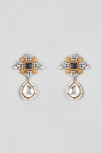 Micro Gold Finish Kundan Polki & Blue Stone Dangler Earrings