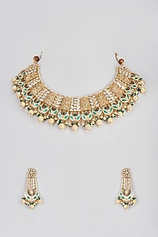 Micro Gold Finish Pearl Temple Long & Short Layered Necklace Set