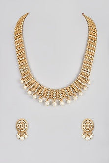 Micro Gold Finish Pearl Temple Long & Short Layered Necklace Set