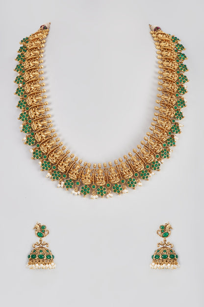 Micro Gold Finish Emerald Temple Long & Short Layered Necklace Set