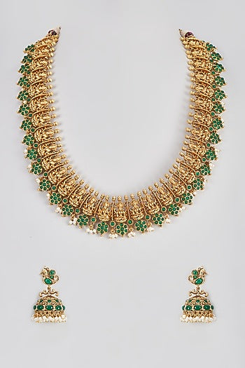 Micro Gold Finish Emerald Temple Long & Short Layered Necklace Set