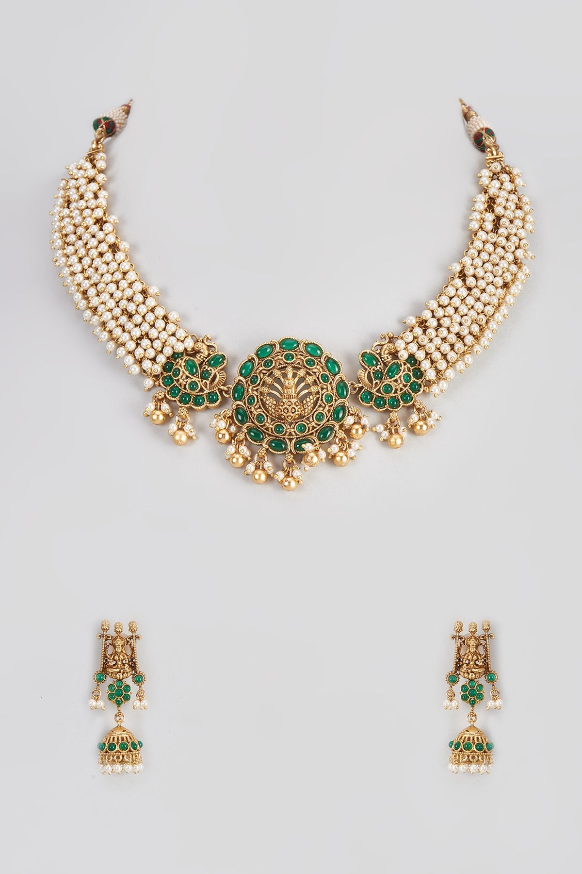 Micro Gold Finish Emerald Temple Long & Short Layered Necklace Set