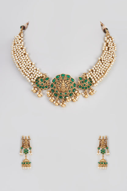 Micro Gold Finish Emerald Temple Long & Short Layered Necklace Set