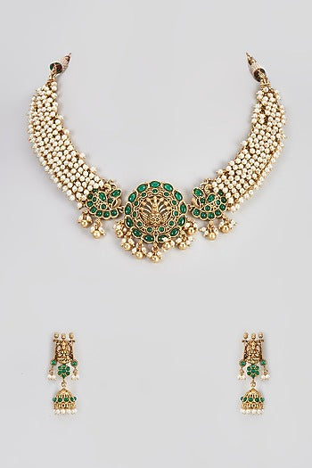 Micro Gold Finish Emerald Temple Long & Short Layered Necklace Set