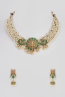 Micro Gold Finish Emerald Temple Long & Short Layered Necklace Set