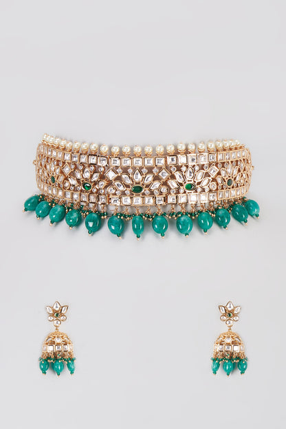 Micro Gold Finish Emerald Long & Short Layered Necklace Set