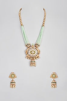 Micro Gold Finish Emerald Long & Short Layered Necklace Set