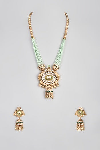 Micro Gold Finish Emerald Long & Short Layered Necklace Set