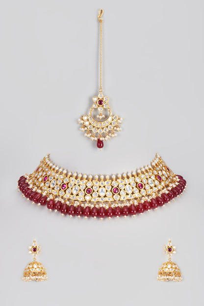 Micro Gold Finish Kundan Polki & Ruby Stone Choker Necklace Set