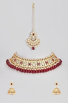 Micro Gold Finish Kundan Polki & Ruby Stone Choker Necklace Set