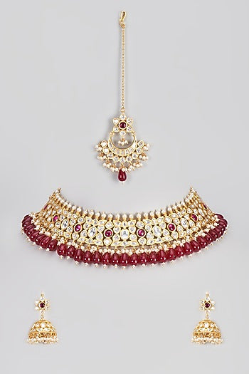 Micro Gold Finish Kundan Polki & Ruby Stone Choker Necklace Set