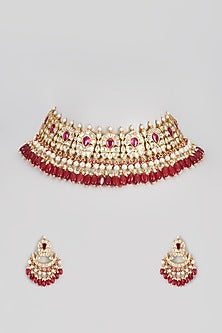 Micro Gold Finish Kundan Polki & Ruby Choker Necklace Set