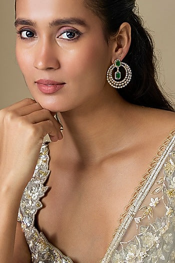 Two-Tone Finish Zircon & Emerald Stone Dangler Earrings