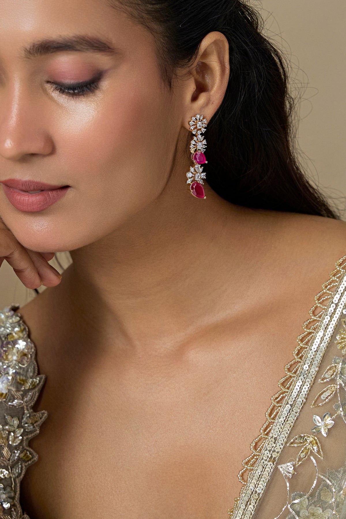 Two-Tone Finish Zircon & Ruby Stone Dangler Earrings