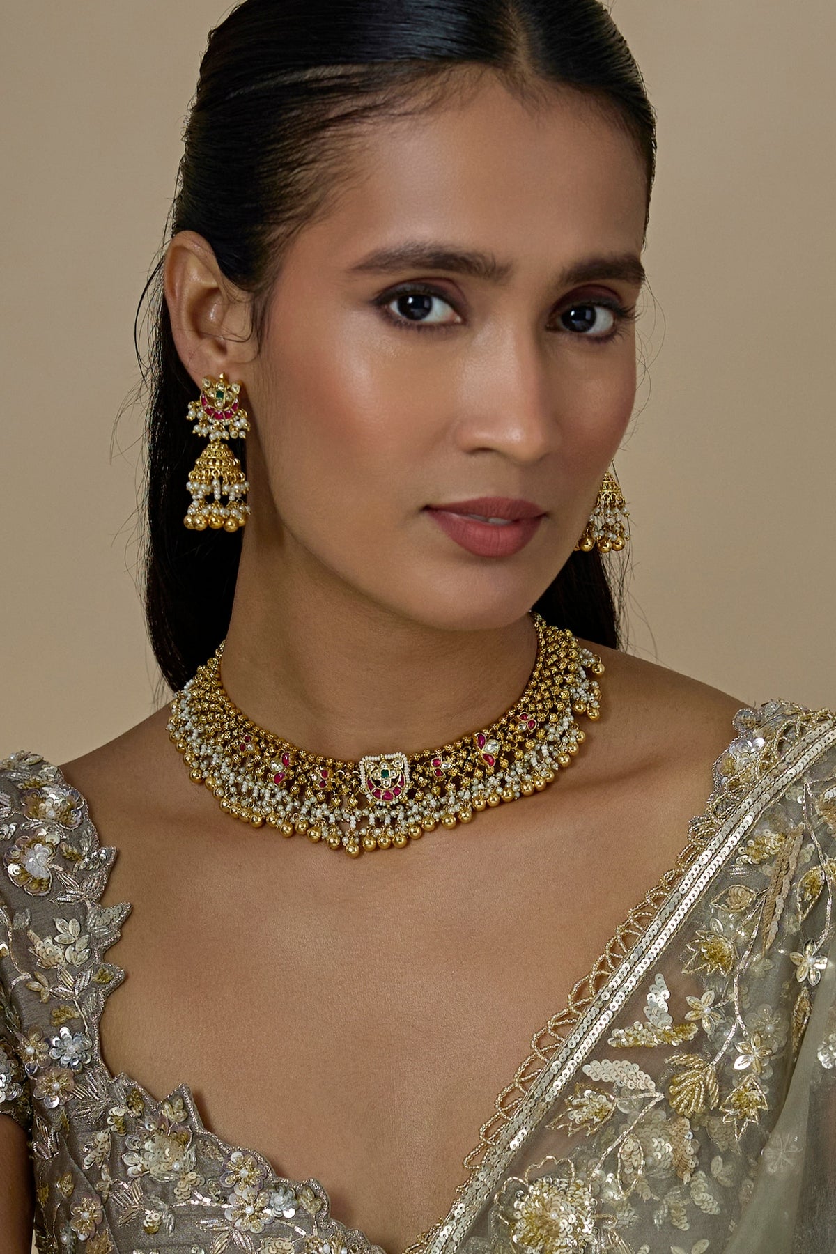 Gold Finish Kundan Polki & Ruby Stone Handcrafted Choker Necklace Set