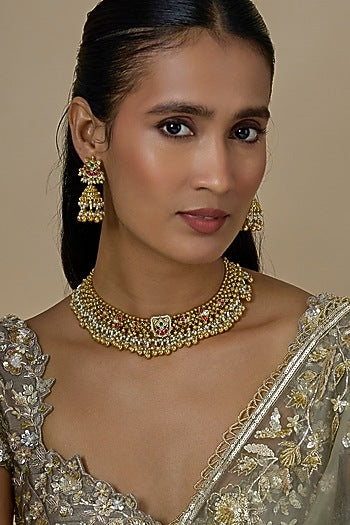 Gold Finish Kundan Polki & Ruby Stone Handcrafted Choker Necklace Set