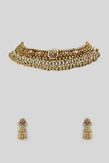 Gold Finish Kundan Polki & Ruby Stone Handcrafted Choker Necklace Set
