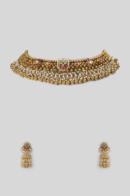 Gold Finish Kundan Polki & Ruby Stone Handcrafted Choker Necklace Set