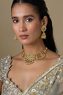 Gold Finish Kundan Polki & Emerald Stone Handcrafted Choker Necklace Set