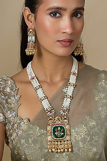 Gold Finish Emerald Stone & Uncut Zircon Long Pendant Necklace Set