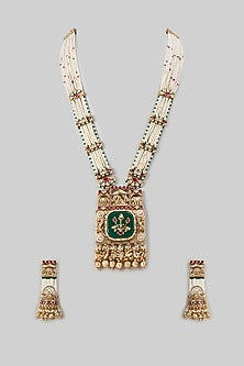 Gold Finish Emerald Stone & Uncut Zircon Long Pendant Necklace Set