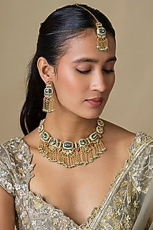 Gold Finish Kundan Polki & Emerald Stone Choker Necklace Set
