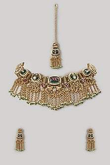 Gold Finish Kundan Polki & Emerald Stone Choker Necklace Set
