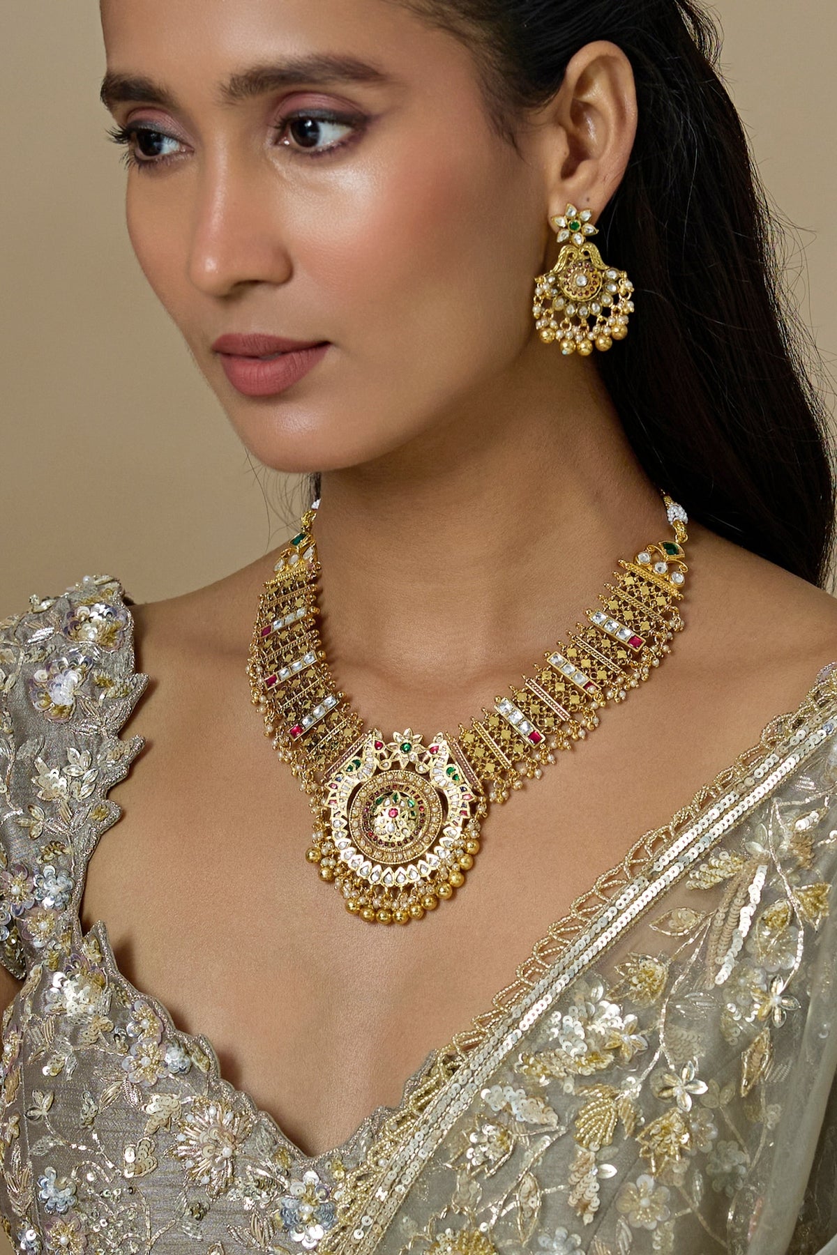 Gold Finish Kundan Polki & Ruby Stone Temple Necklace Set