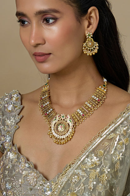Gold Finish Kundan Polki & Ruby Stone Temple Necklace Set