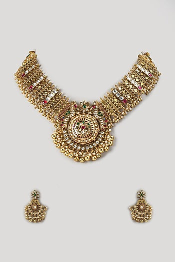 Gold Finish Kundan Polki & Ruby Stone Temple Necklace Set