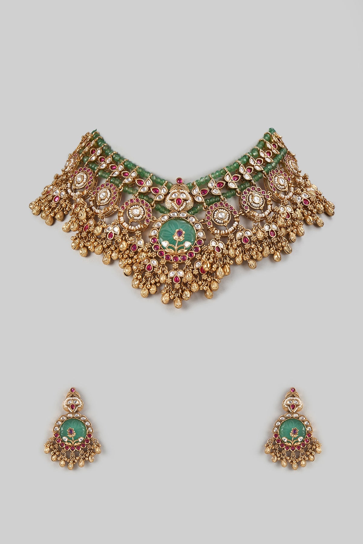 Gold Finish Kundan Polki & Emerald Stone Necklace Set