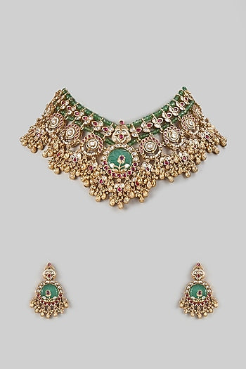 Gold Finish Kundan Polki & Emerald Stone Necklace Set