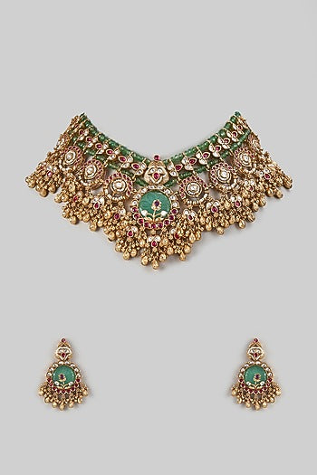Gold Finish Kundan Polki & Emerald Stone Necklace Set