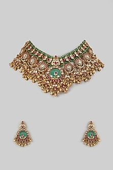 Gold Finish Kundan Polki & Emerald Stone Necklace Set