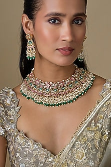 Gold Finish Kundan Polki & Emerald Stone Necklace Set
