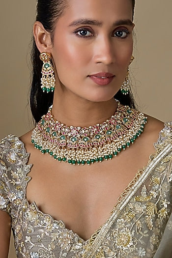 Gold Finish Kundan Polki & Emerald Stone Necklace Set