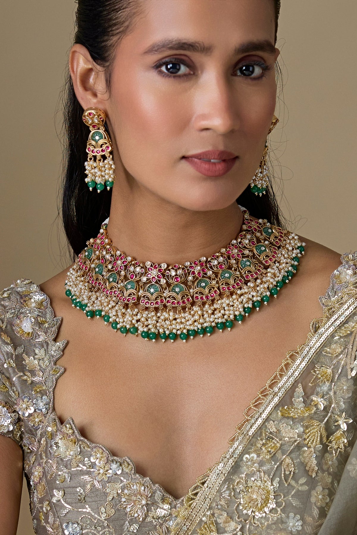 Gold Finish Kundan Polki & Emerald Stone Necklace Set