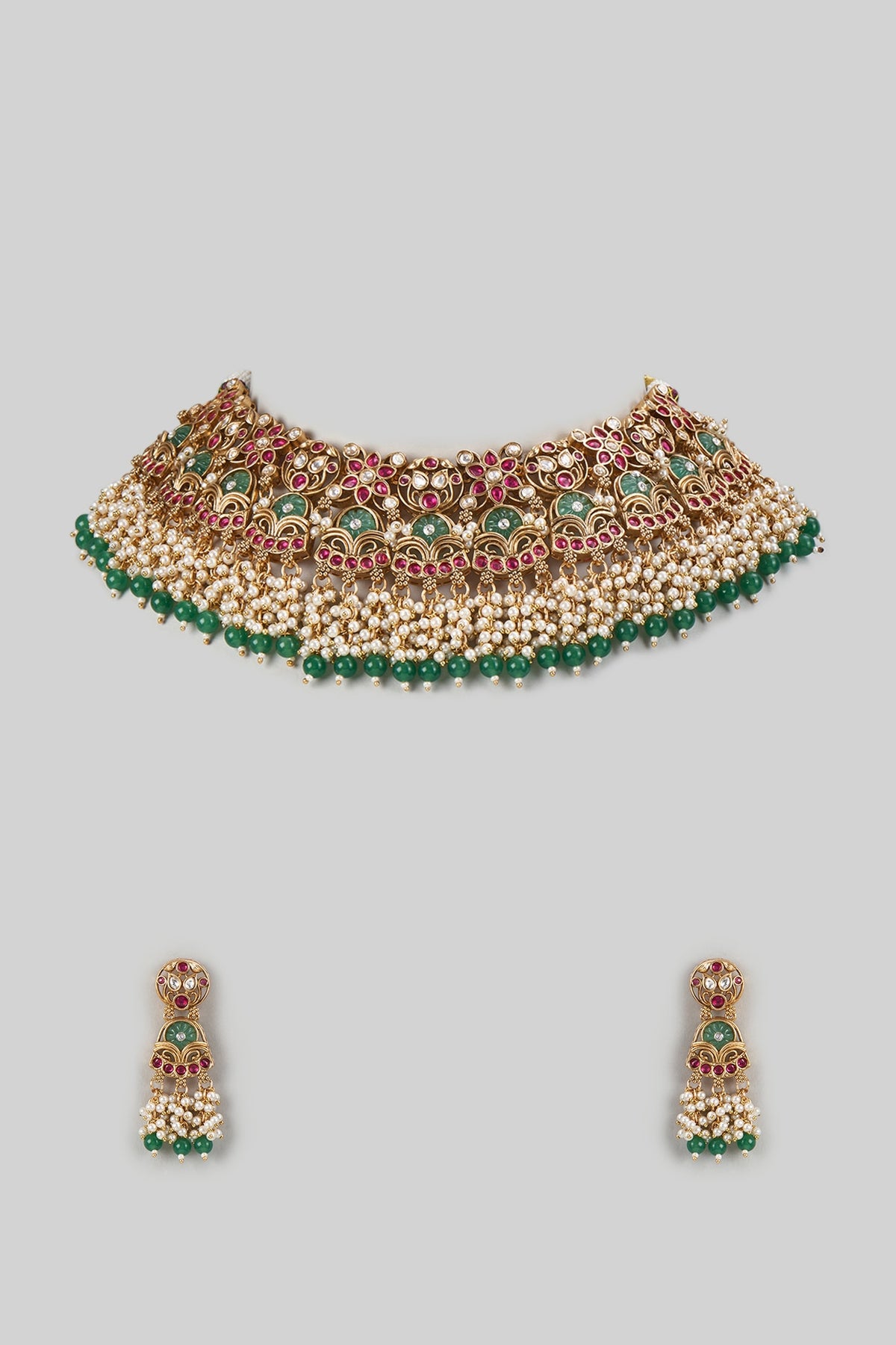 Gold Finish Kundan Polki & Emerald Stone Necklace Set